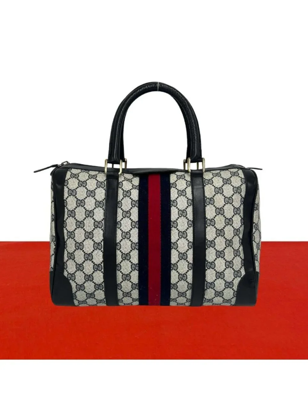 Gucci Vintage Sherry Line GG Pattern Leather Mini Boston Bag Navy